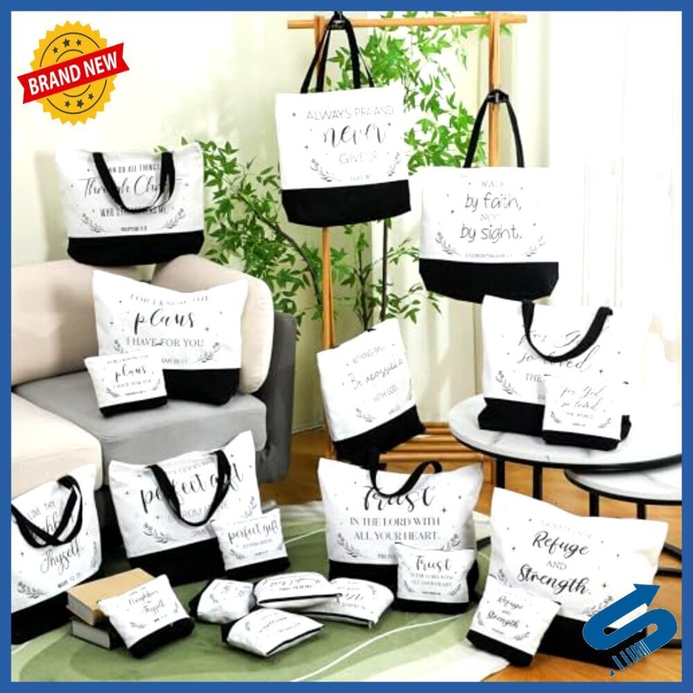 Reusable Canvas Tote Bags Set with Cosmetic Cases Christian Inspirational Gift - Picture 3 of 7